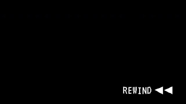 VHS tape rewind text with horizontal distortion and glitch static noise overlay. Alpha channel 4K video animation