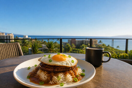 Luxury Hawaiian Loco Moco Breakfast with Ocean View at Sunny Kaanapali Terrace