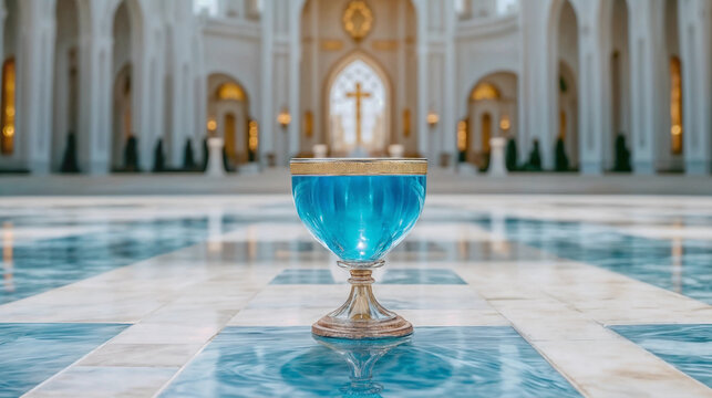Bowl of pure blue holy water standing on the marble floor of luxurious Catholic cathedral. Christian liturgy and church decor concept. Interior shot for poster, design 
