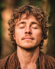 Fototapeta premium A young man with closed eyes enjoys a peaceful moment outdoors, bathed in warm natural light, suggesting calmness and relaxation.
