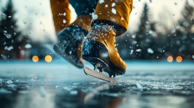 Dynamic ice skating performance winter wonderland action shot outdoor close-up skillful movement