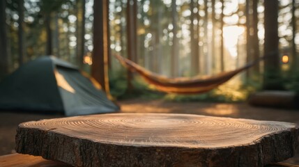 Fototapeta premium Serene Outdoor Camping Scene with Hammock and Wood Slice Surrounded by Tall Trees in a Peaceful Forest Setting