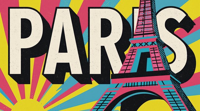 Retro Paris Typography with Eiffel Tower Silhouette and Vibrant Sunburst Background