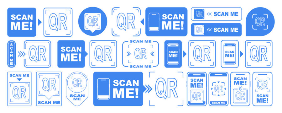 Scan qr me icon cta now code with arrow frame here in blue scan label collection. Logo vector button and sticker for product tag shop card and website sign. Mobile phone mockup beside qrcode badge.