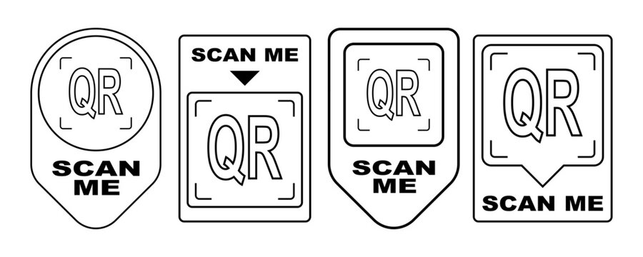 Scan qr me icon cta now code arrow frame here for badge set. Logo vector label and sticker in black and white mobile sign style. Modern qrcode template for app screen.