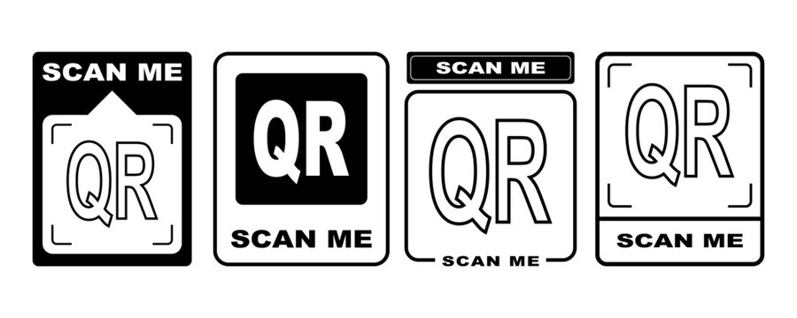 Scan qr me icon with cta now code and arrow frame here for square label. Logo vector button sticker in black and white scanner card style. Modern qrcode template for mobile app screen.