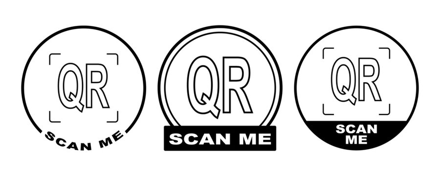 Scan qr me icon with cta now code in round frames. Here logo vector label and button by black scanner sticker style. Clean circular sign set for app interface.