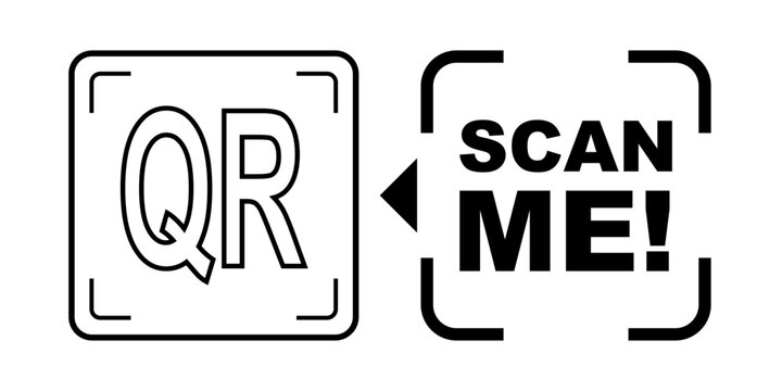 Scan qr me icon cta now code arrow frame here for bold callout. Logo vector button with label sign and box through clean black outline style. Modern scanner badge for mobile app.