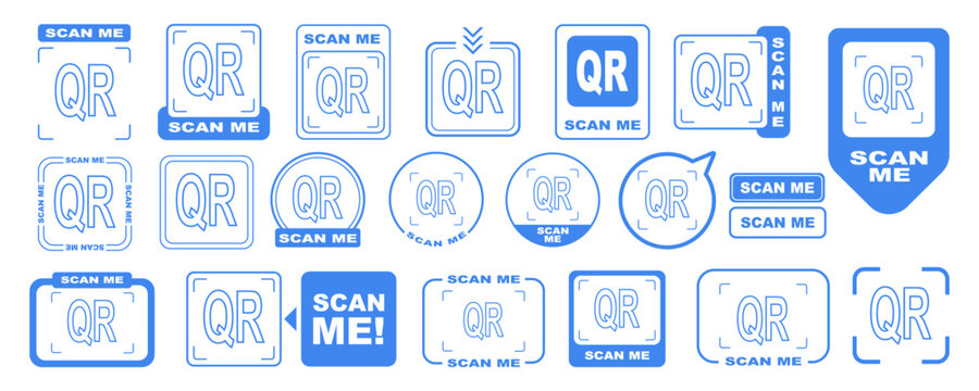 Scan qr me icon and cta now code for arrow frame here in blue label collection. Logo vector button with sticker and mobile app badge by clean outline style. Modern scanner sign for phone interface.