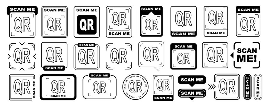 Scan qr me icon cta now code arrow frame here for black label and button collection. Logo vector sticker with modern scanner sign and mobile tag by clean outline style