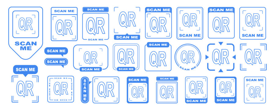 Scan qr me icon with cta now code for arrow frame. Here logo vector label and button sticker by blue mobile app sign. Scanner badge set for phone interface through clean outline style.
