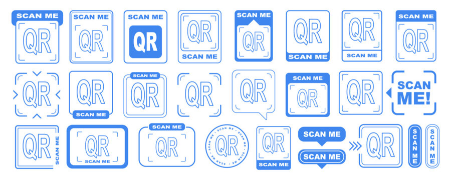 Scan qr me icon with cta now code for arrow markers and frame here. Blue logo vector label beside button sticker and mobile app sign by clean outline style. Scanner badge set for phone interface.