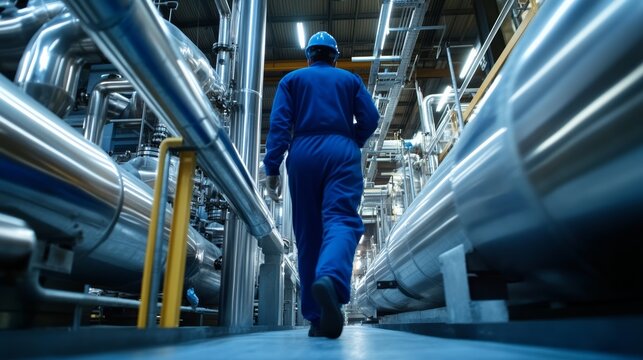 Industrial worker navigating complex machinery manufacturing plant photography indoor environment perspective of operation efficiency in action