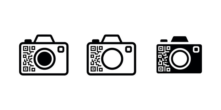 Black and white camera with qr codes symbols scanning in white background