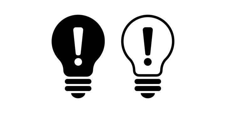 Black and white light bulb with exclamation marks symbol warning alert in white background