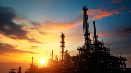 Obraz premium Industrial sunset scene oil refinery digital photography urban environment wide angle view energy production concept for seo impact