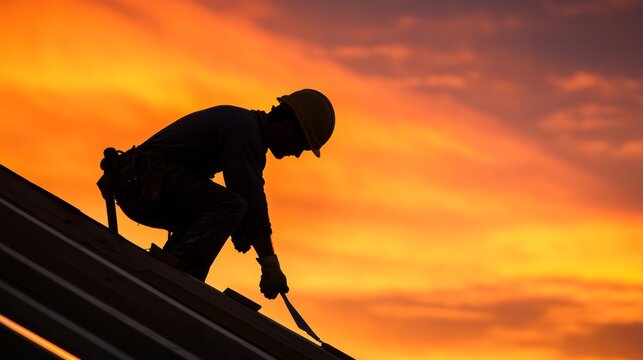 Construction worker silhouette at sunset rooftop photography urban environment side view hard work and dedication