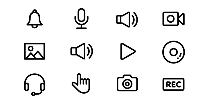 Black and white media set including bell microphone speaker media black and white bell microphone speaker camera play button cd headphones hand camera record audio multimedia symbols