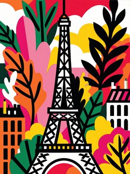 Vibrant Paris cityscape illustration featuring Eiffel Tower amidst colorful abstract foliage and buildings