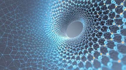Fototapeta premium Abstract molecular lattice structure forming a glowing blue digital vortex tunnel