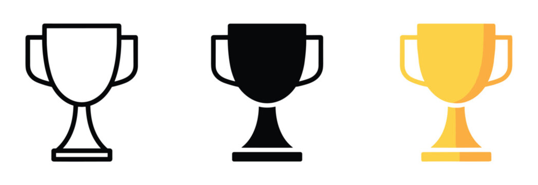 Trophy Cup, Three trophy cup displayed in outline black silhouette and flat yellow color styles on a white background
