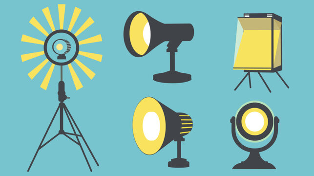 Stylized illustrations of studio lighting equipment, including spotlights, ring lights, and softboxes