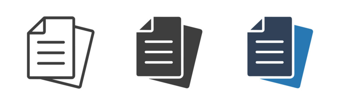 Paper Document Stack, Three document file showing outline solid and two tone variations with a folded corner and horizontal lines representing text on a white background