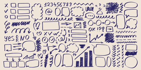 Hand drawn business doodle set with charts, graphs, speech bubbles and arrows. Infographic sketch elements for presentation and planning. © Mariana