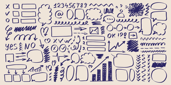 Hand drawn business doodle set with charts, graphs, speech bubbles and arrows. Infographic sketch elements for presentation and planning.