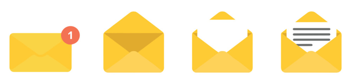 Geometric Shape Block, Set of four yellow envelope showing a closed mail with notification badge an empty open envelope and an open envelope containing a letter with text lines on a white background