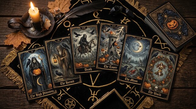 Mystical Halloween tarot cards with pumpkin and flickering candle on dark occult table for divination reading