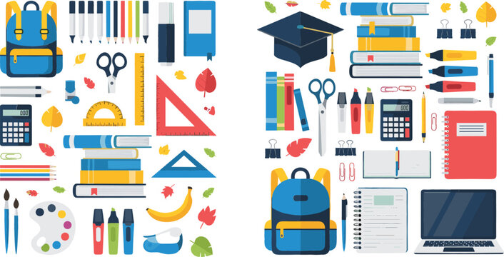 Back to school supplies vector set with backpack books pencils laptop and stationery, colorful education collection for classroom study and student design