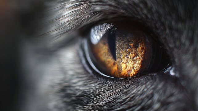 Close-up of cat eye with fiery amber iris and vertical pupil