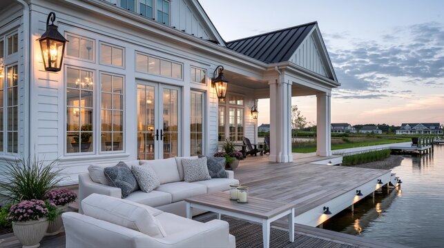 Elegant Waterfront Home with Modern Farmhouse Design, Inviting Deck, and Serene Evening Ambiance