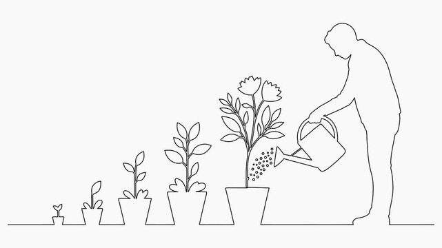 Self drawing continuous one line animation of watering plants showing growth and development concept video