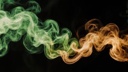 Fototapeta premium Abstract smoke art with green and orange swirls on black background.