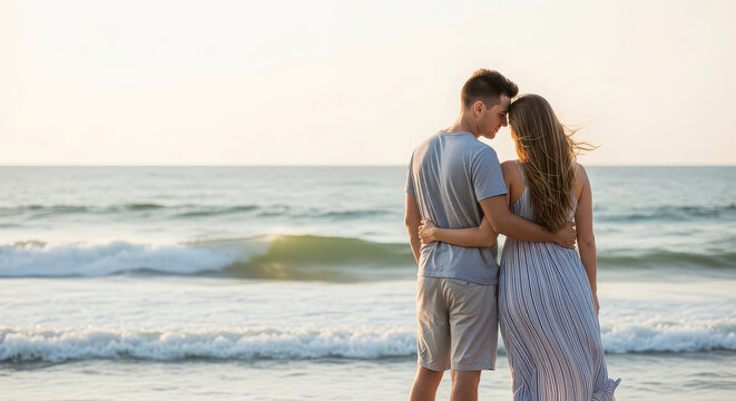 Couple embracing on a serene beach at sunset with gentle waves and soft sunlight.