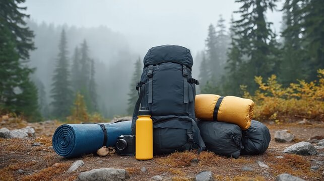 Outdoor Adventure Gear Layout with Backpack, Camera, and Sleeping Bags in Misty Mountain Landscape