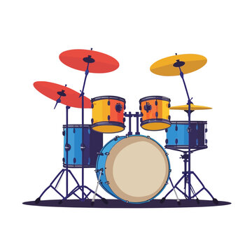 Isolated drum kit on white background showing musical percussion instrument set for rock jazz studio illustration