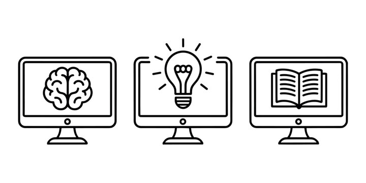 Computer monitors with brain light bulb and book brain light bulb book education learning ideas knowledge