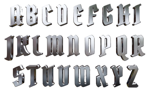 English alphabet with glossy chrome metallic letters, 3D render