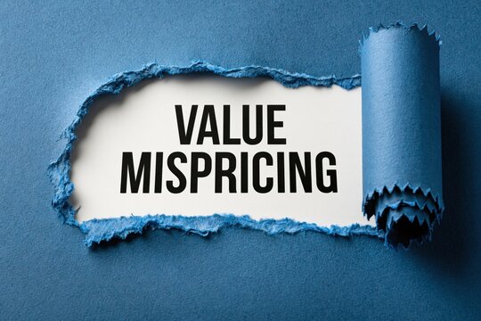 Value Mispricing financial concept written on paper under blue cardboard