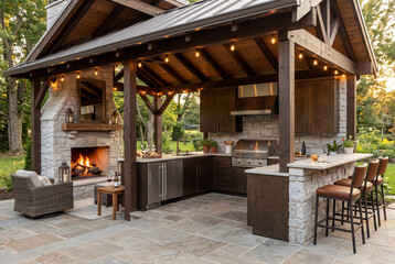 Fototapeta premium Luxury Outdoor Kitchen Pavilion With Stone Fireplace Modern Gas Grill Stainless Steel Appliance Bar Counter And Leather Stool For Backyard Entertainment