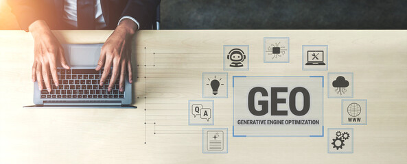 Obraz premium Person Typing on Laptop with Generative Engine Optimization Icons and Text on Light Wooden Table in Modern Office Environment Fluxor.