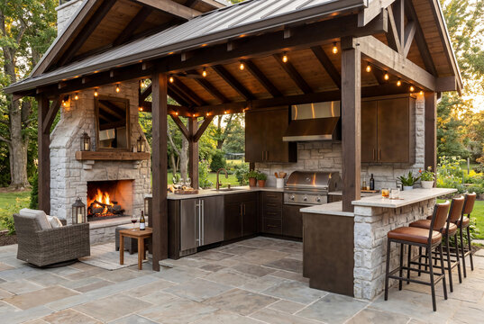 Luxury Outdoor Kitchen Pavilion With Stone Fireplace Modern Gas Grill Stainless Steel Appliance Bar Counter And Leather Stool For Backyard Entertainment