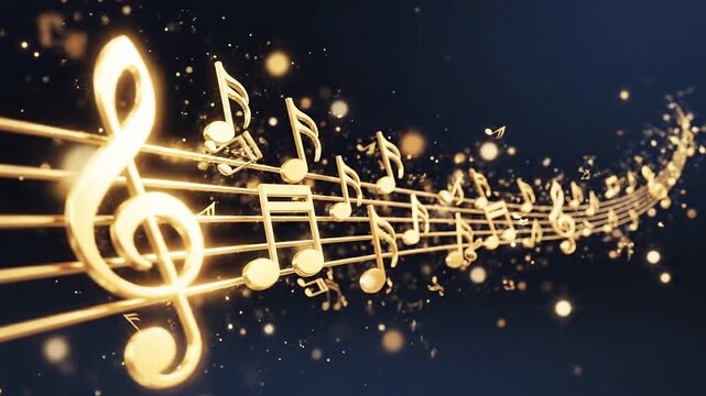 Golden Musical Notes and Staff Animation Flowing on Dark Background, Copy Space for Music