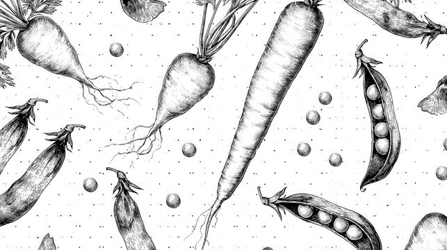 Vintage Hand-Drawn Seamless Pattern of Fresh Carrots and Peas with Textured Background