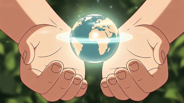 Cartoon hands cradle a glowing globe featuring continents & luminescent ring, green bg