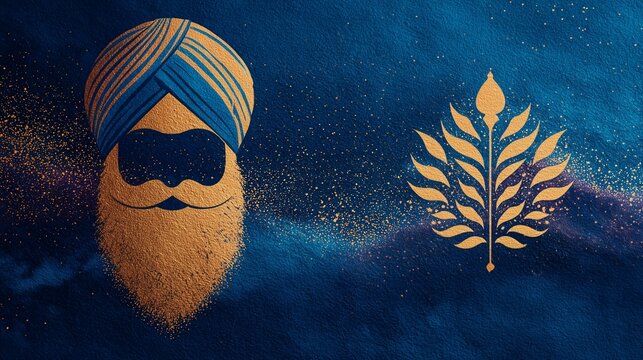 Sikh Man Portrait with Turban and Wheat Symbol for Vaisakhi Celebration Punjabi Culture and Sikh Religious Harvest Festival