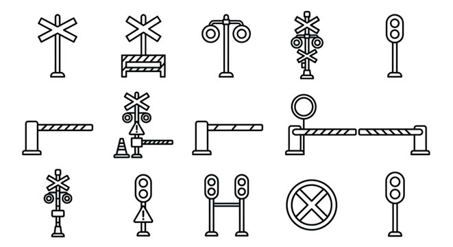 railroad crossing signs and signals black line art on white